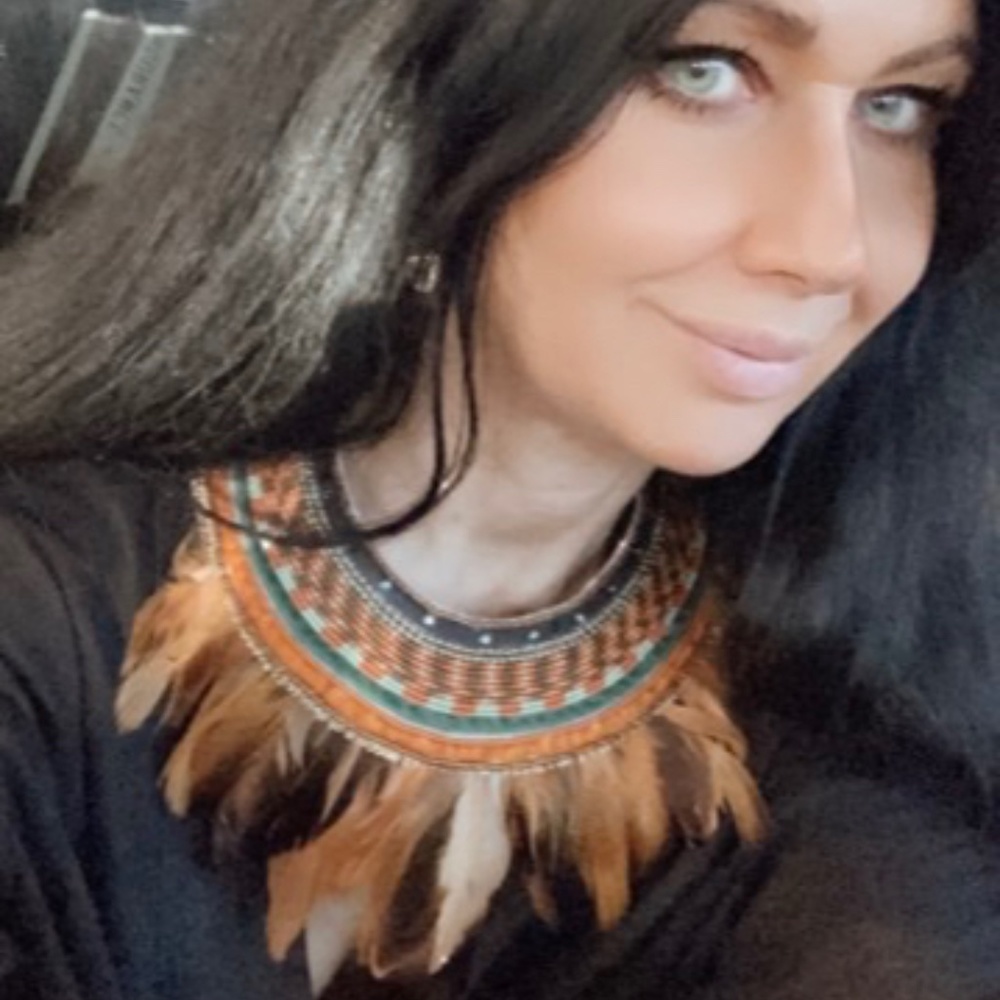 Unique copper and green handcrafted bib necklace with earrings